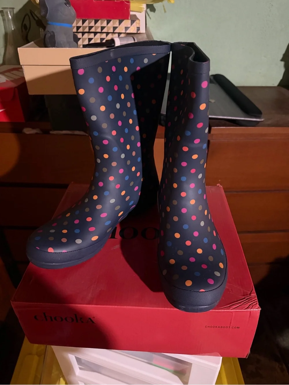 chooka Black Rain Boots with Multicolor Polka Dots